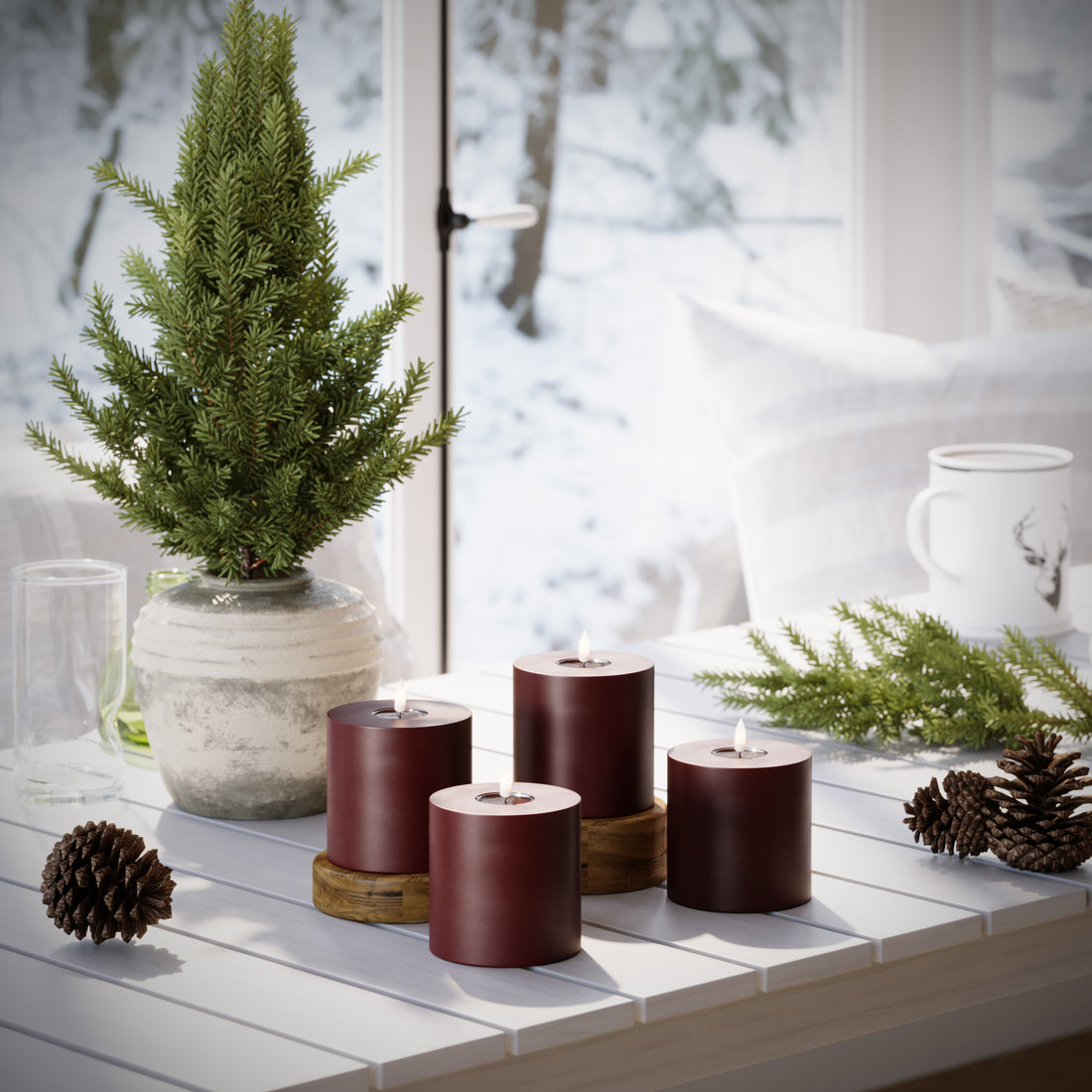 LED Pillar candle Ø 10 x 10 cm Burgundy - 4 pcs