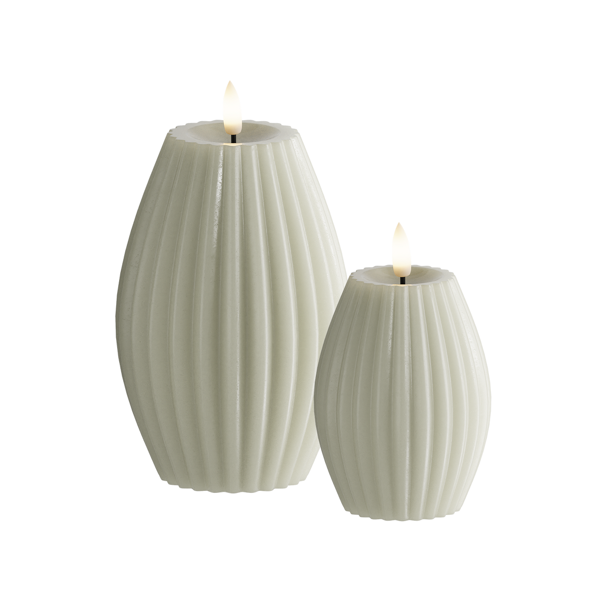 LED Ribbed candle 2 pcs, Ø 7.5 x 10 + Ø 10 x 15 cm Sage green