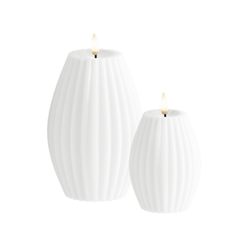 LED Ribbed candle 2 pcs, Ø 7.5 x 10 + Ø 10 x 15 cm White