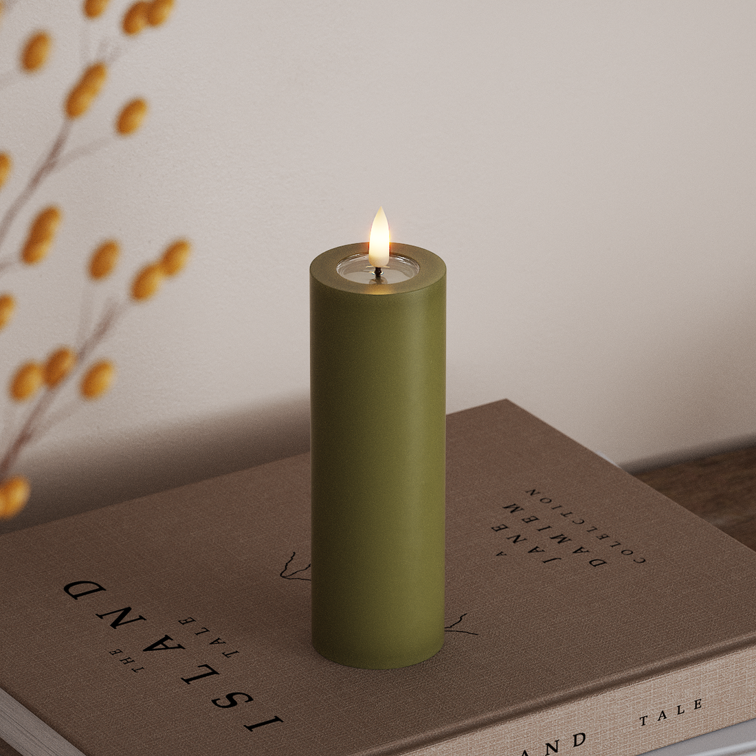 Deluxe Homeart LED Blockljus Ø 5 x 15 cm Olivgrön LED Blockljus 4