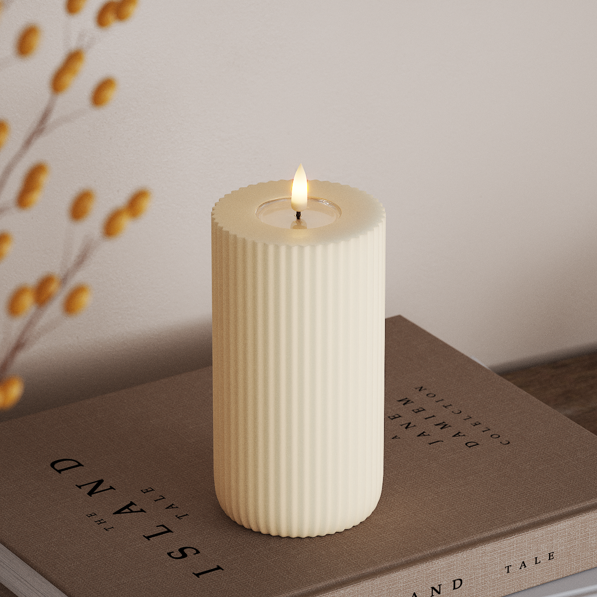 Deluxe Homeart Solid Stripe LED Pillar candle Ø 8 X 15 Cm Cream LED Shape 3