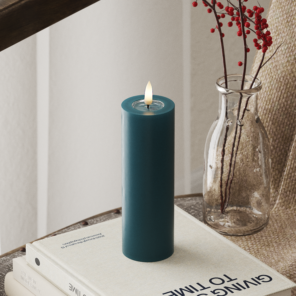 Deluxe Homeart LED Bloklys Ø 5 x 15 cm Petroleum LED bloklys 4