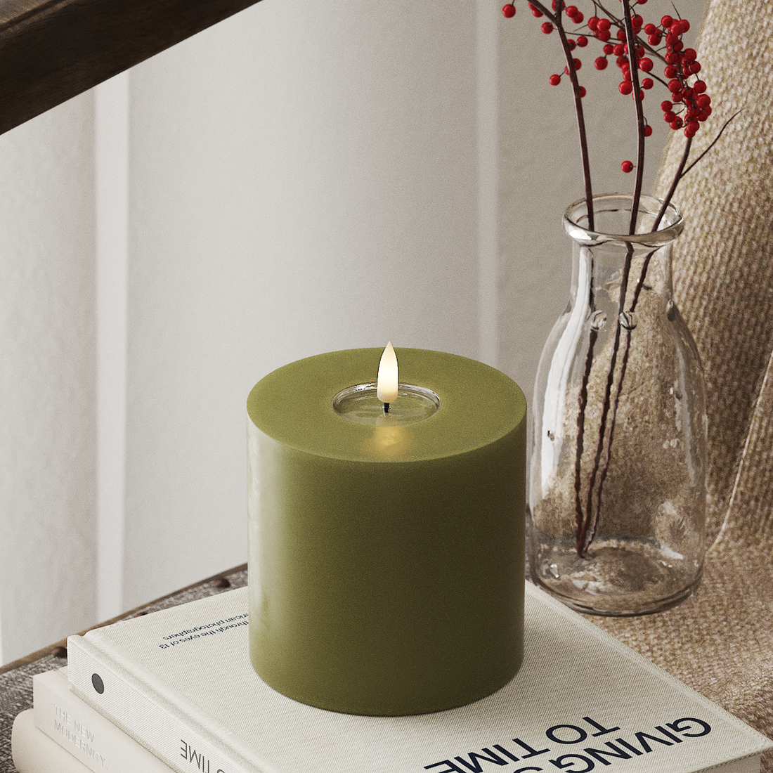 Deluxe Homeart LED Blockljus Ø 10 x 10 cm Olivgrön LED Blockljus 4