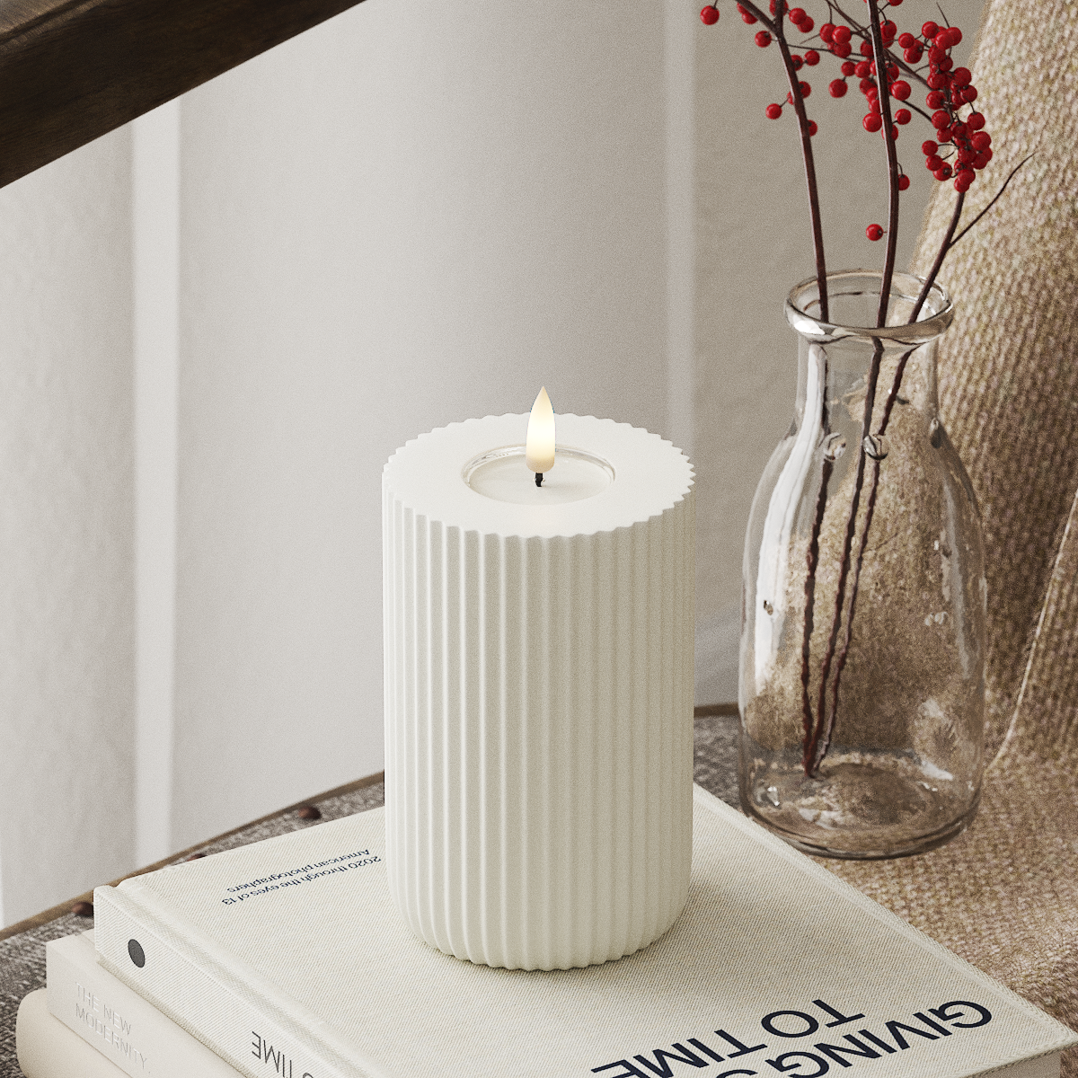 Deluxe Homeart Solid Stripe LED Pillar candle Ø 8 X 12.5 cm White LED Shape 4