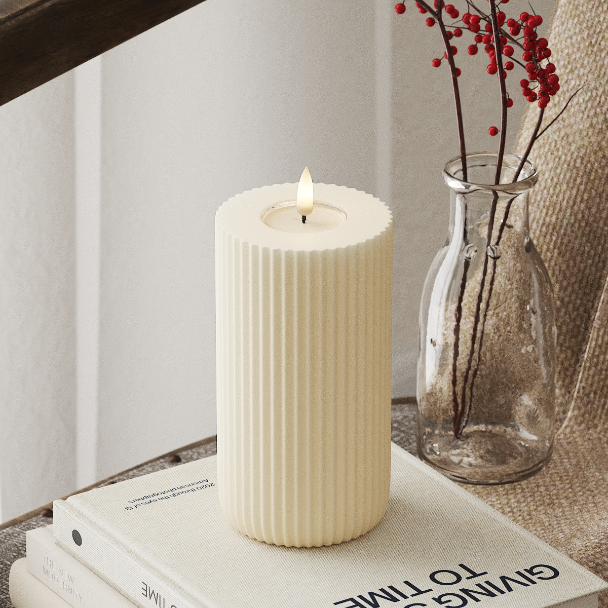 Deluxe Homeart Solid Stripe LED Pillar candle Ø 8 X 15 Cm Cream LED Shape 4