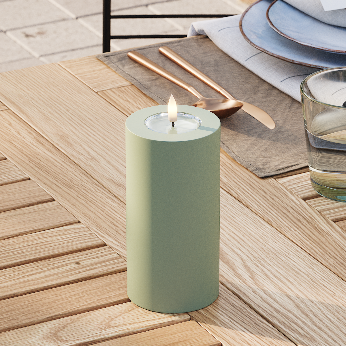 Deluxe Homeart Outdoors LED Pillar candle Ø 7.5 x 15 cm Dusty Green LED outdoor light Pillar candle 3